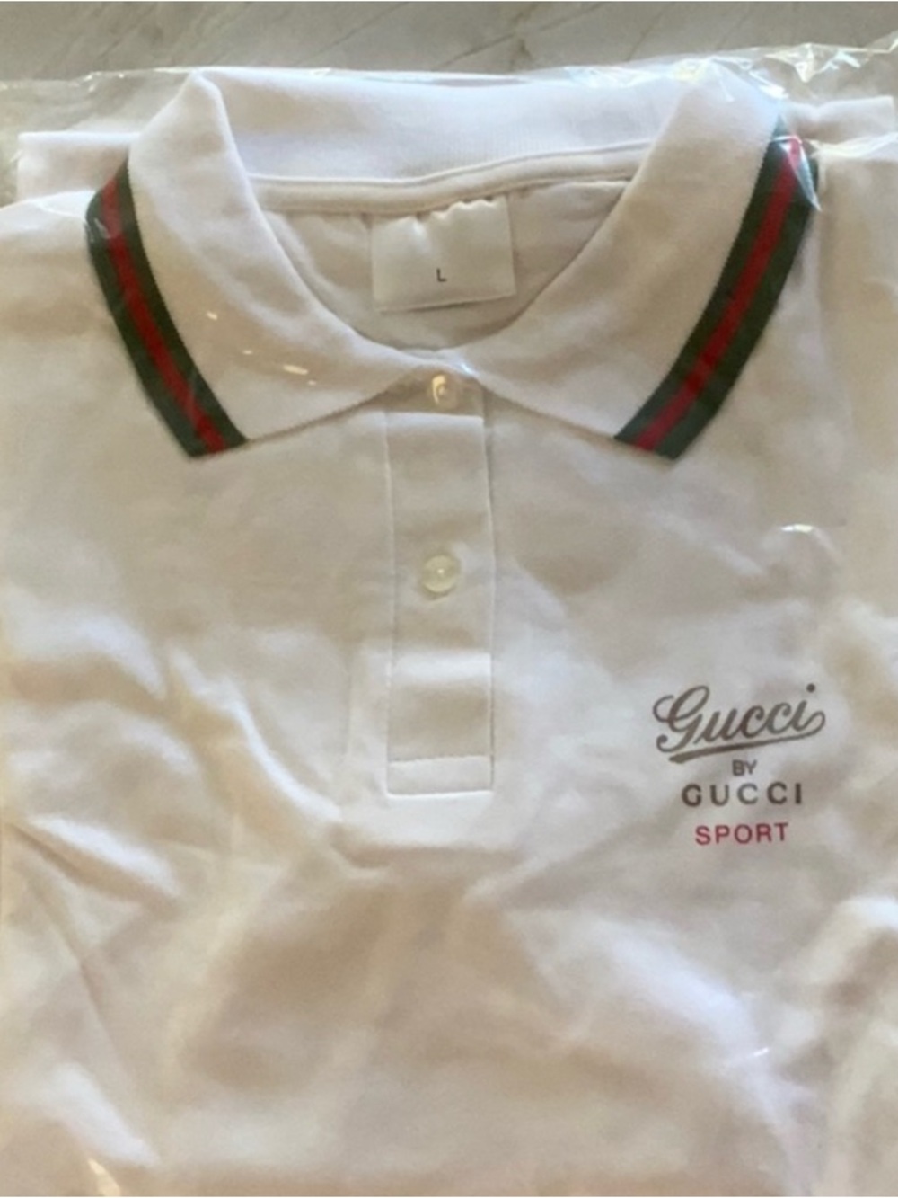 Promotional Gucci T Shirt White Polo with Green-Red Stripe Collar Women’s Large
